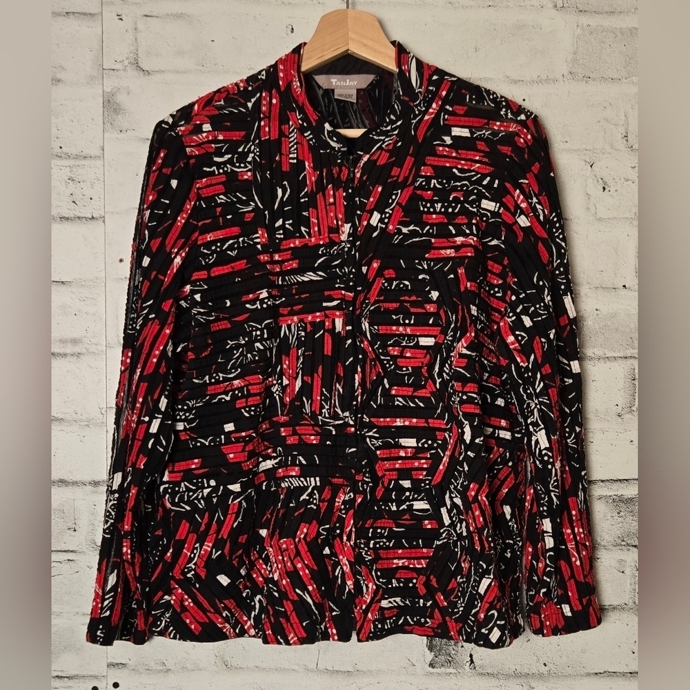 Vintage TanJay Crinkle Mesh Zip Front Blouse Abstract Print Large